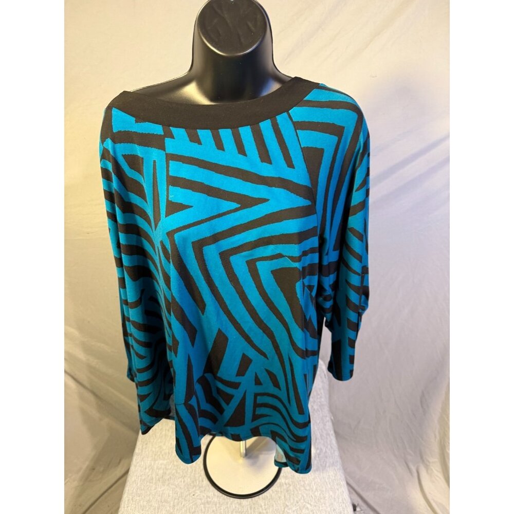 Women’s  Plus 3X 22W 24W Black Teal Pattern Streetwear‎ Top Geometric Boho
